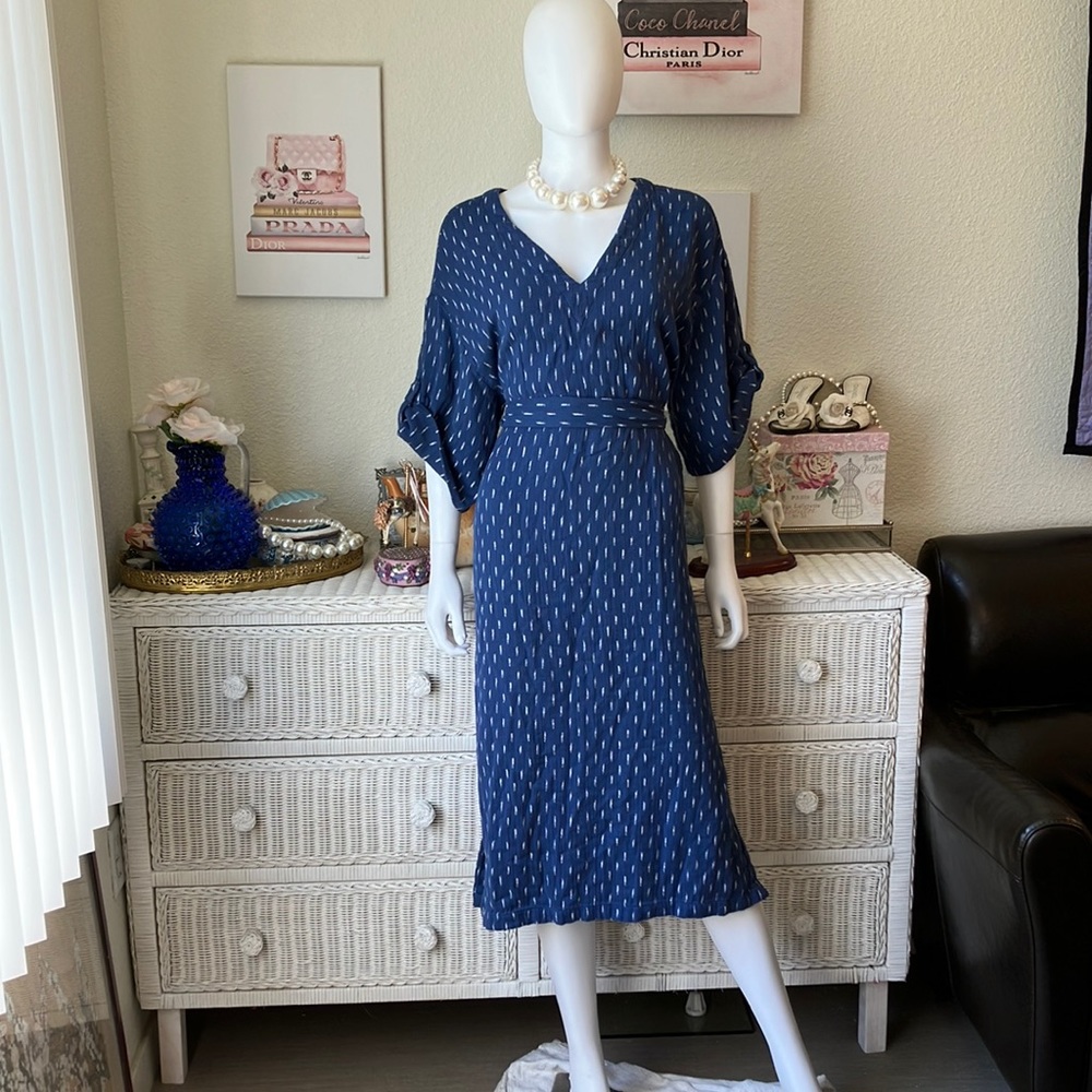 Faherty Atlantic Ave blue belted midi dress Large